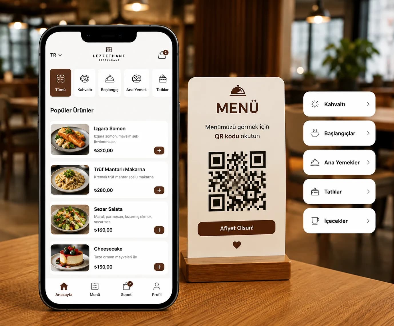 Masadan QR ile sipariş veren müşterinin telefon ekranı