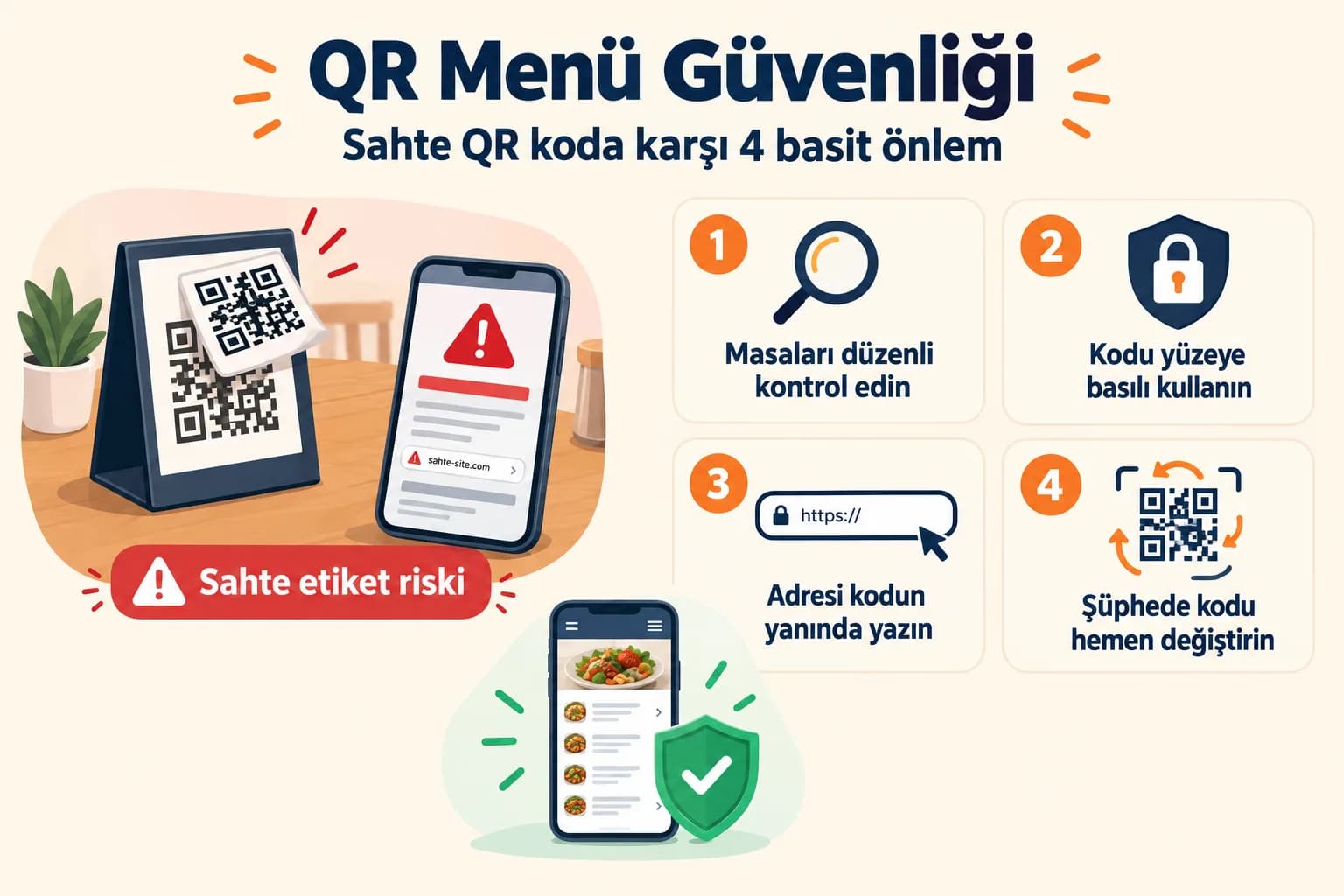 QR menü güvenliği infografiği: masadaki QR kodun üzerine yapıştırılmış sahte etiket riski ve dört basit önlem