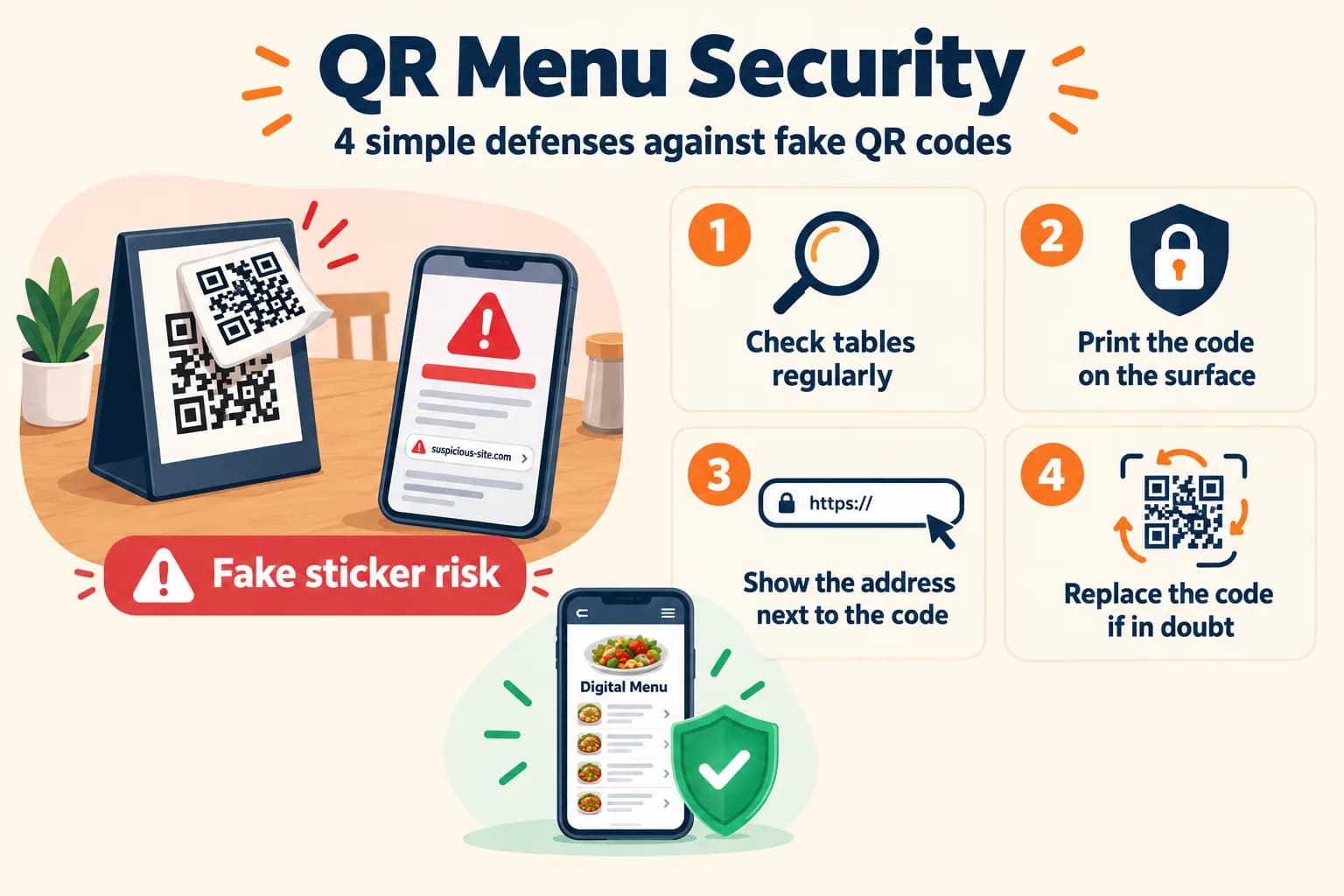QR menu security infographic: the fake sticker risk over a table QR code and four simple defenses