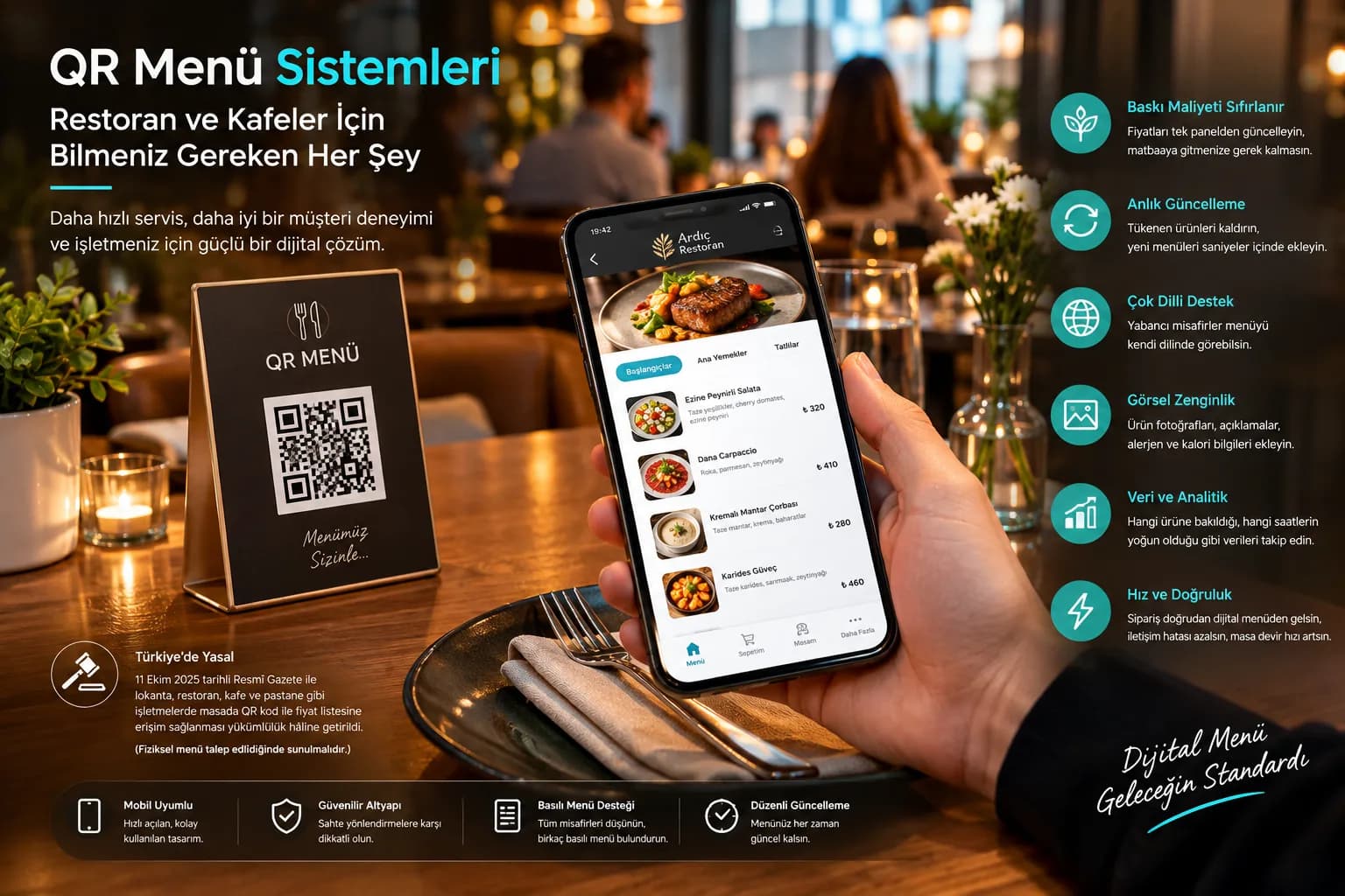 QR menü sistemlerinin avantajlarını gösteren infografik: masadaki QR kod standı ve telefonda açılan dijital menü