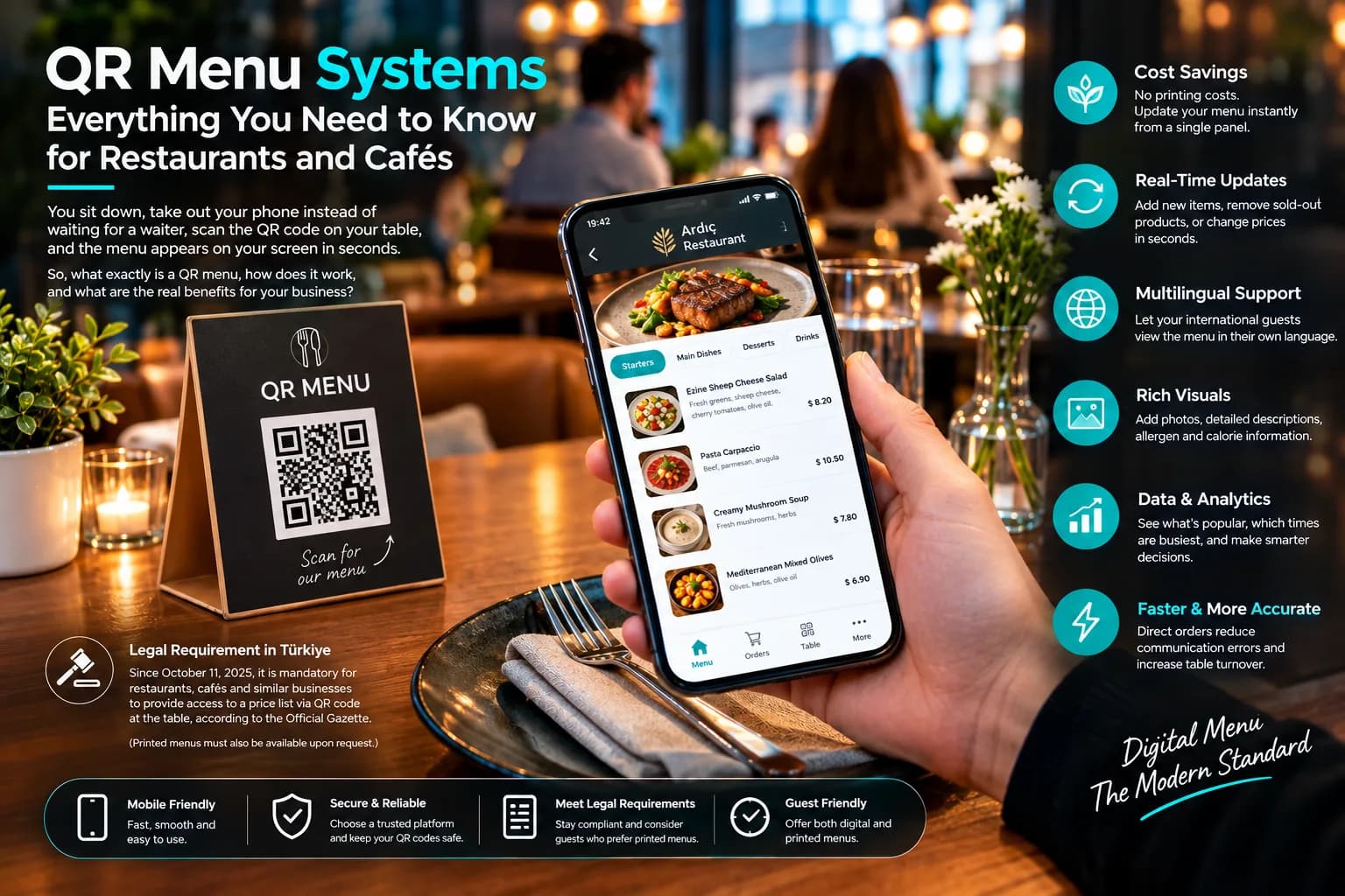 Infographic showing the advantages of QR menu systems: a QR code stand on the table and a digital menu open on a phone